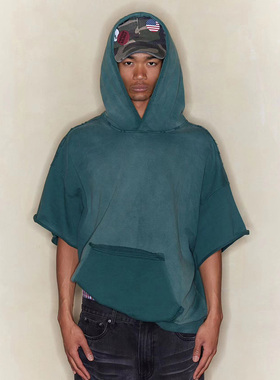 FSG 墨绿色连帽做旧水洗短袖卫衣