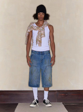 FSG 重工水洗涂染蓝色牛仔伐木短裤