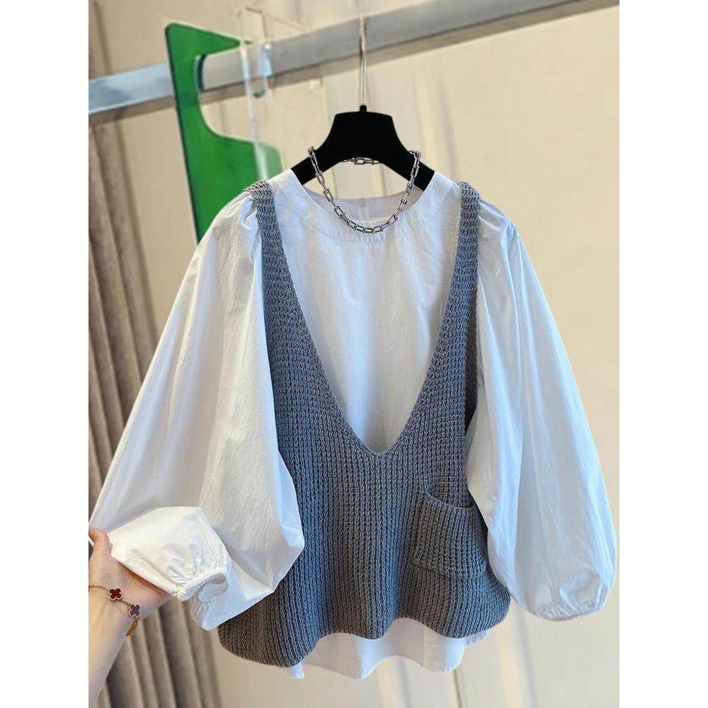 减龄针织马甲衬衫两件套上衣女2026年新款宽松叠穿春秋氛围感穿搭