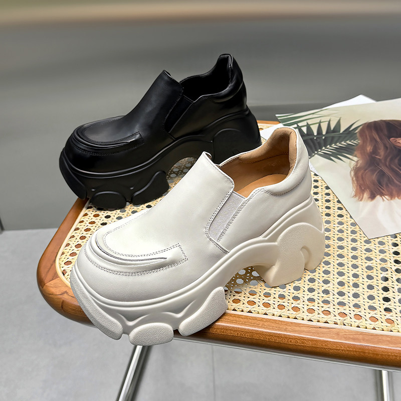 2025秋季新款胎牛皮增高松糕欧洲站乐福鞋女厚底圆头英伦风小皮鞋