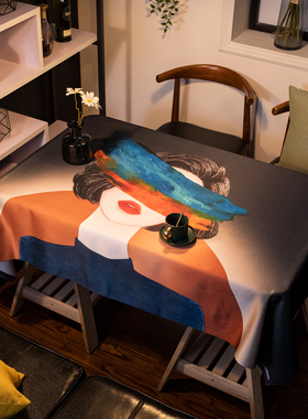 抽象轻奢橙色防水桌布北欧ins风感书桌电脑台布餐桌茶几垫布