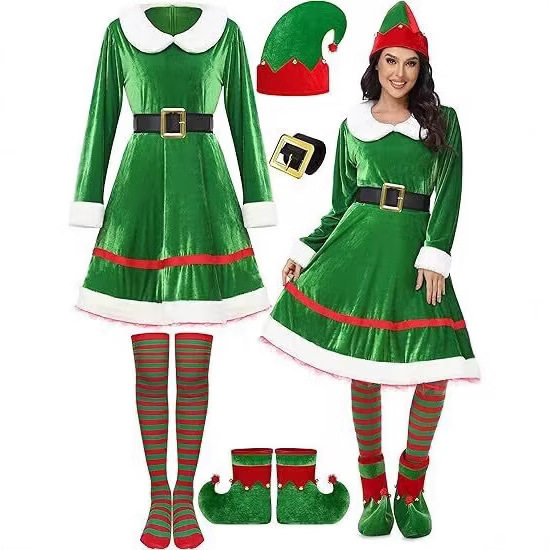 欧美女孩圣诞精灵连衣裙服装套装精灵角色扮演跨境天鹅绒圣诞服装