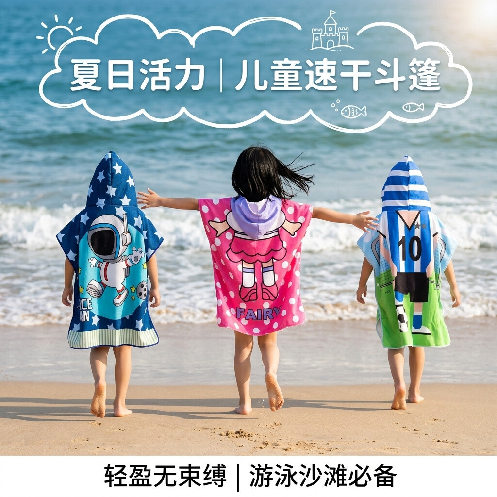 超细纤维斗篷浴巾卡通印花儿童连帽浴巾可穿吸水双面绒沙滩巾批发