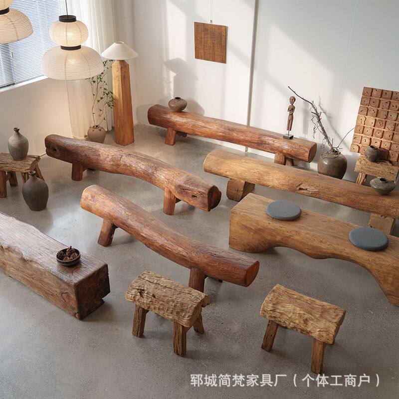 老榆木长条凳实木风化圆形木桩凳子老榆木长条椅风景区休息换鞋凳