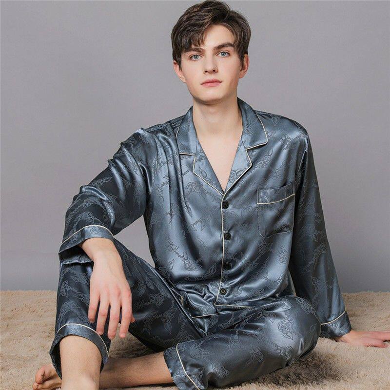 男士真丝睡衣长袖丝绸四季大码宽松春秋桑蚕丝爸爸家居服套装