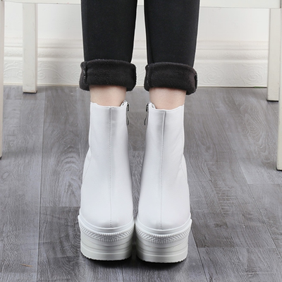 秋冬新款真皮内增高13cm黑色短靴加绒高帮马丁靴厚底超高跟女鞋