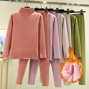 发热秋衣秋裤 女秋冬半高领保暖套装 加绒两件套 打底衫 双面德绒长袖