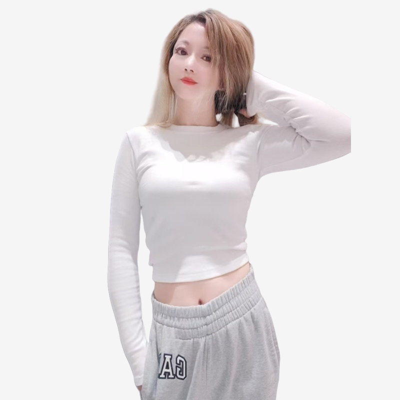 白色修身短款纯棉长袖T恤女
