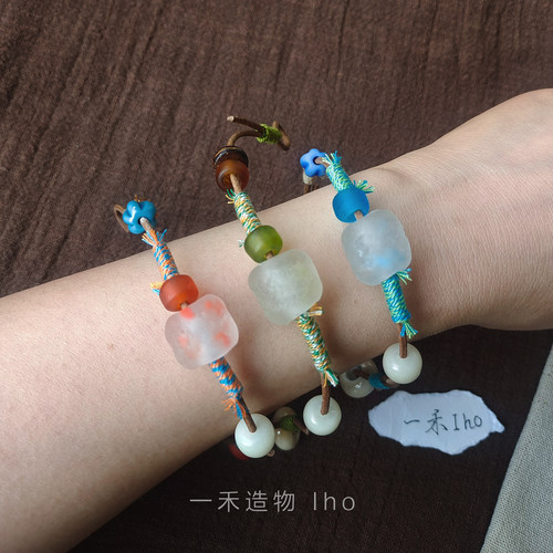 原创复古头层牛皮手绳尼泊尔西亚手作琉璃手串手链男女生情侣手串