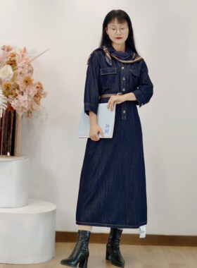 可路莎专柜251047春秋汉麻牛仔连衣裙女收腰七分袖长裙