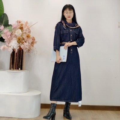 可路莎专柜251047春秋汉麻牛仔连衣裙女收腰七分袖长裙
