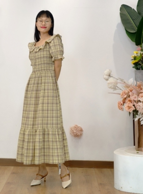 可路莎专柜252340夏季田园风格子连衣裙女减龄学院风长裙