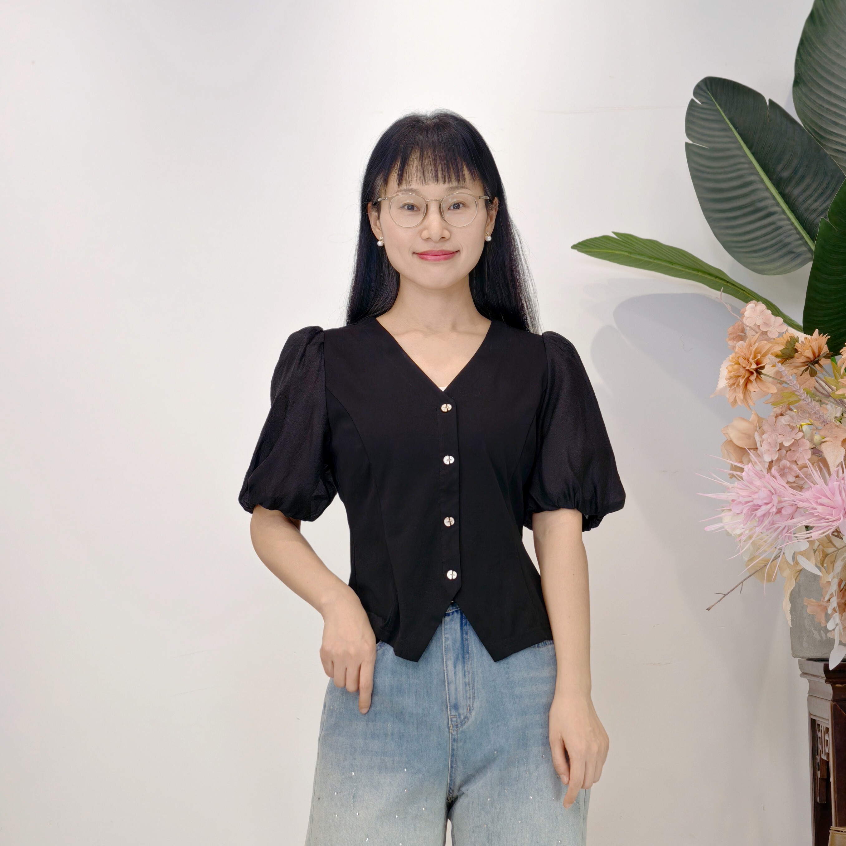可路莎专柜242415夏季拼接泡泡袖修身T恤
