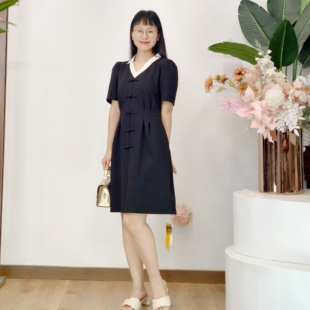 可路莎专柜242658夏季拼白领新中式盘口收腰显瘦连衣裙