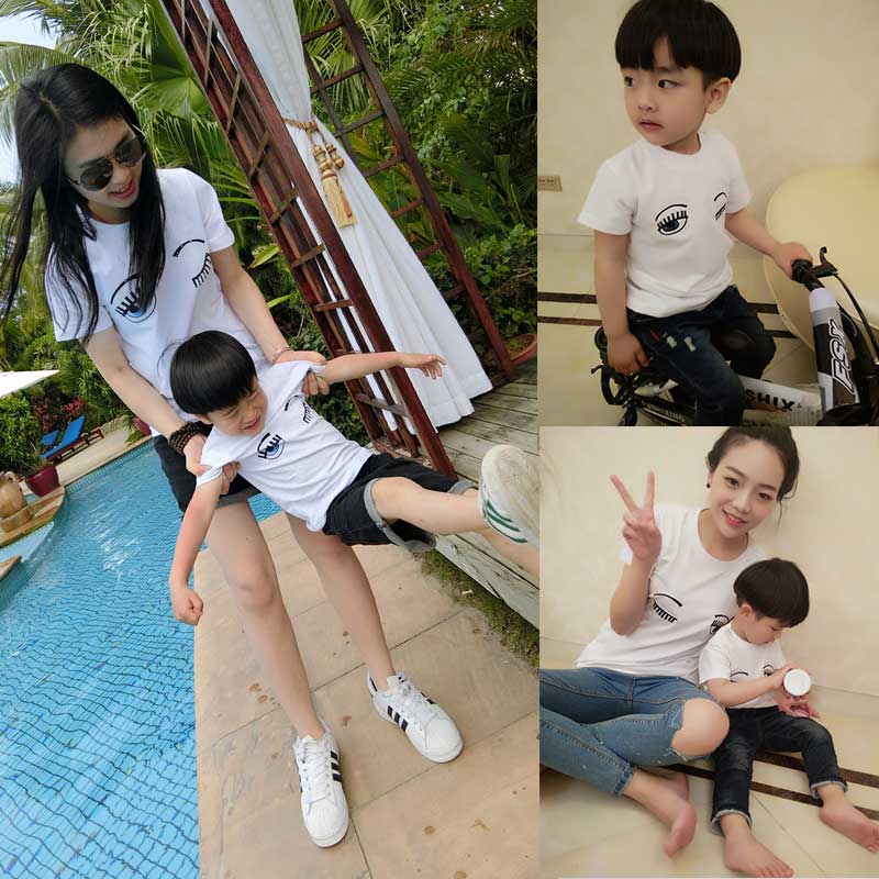 婴儿哈衣爬服亲子装夏季Q2宝宝连体衣1儿童睫毛眼睛T恤母女母子装