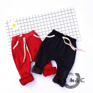 男童加绒打底裤秋冬季Q7婴幼儿韩版哈伦裤中小童宝宝红色黑长裤子