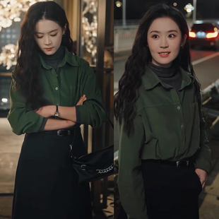 难撩翟一莹关枝同款绿色法式复古打底叠穿百搭上衣灯芯绒休闲衬衫