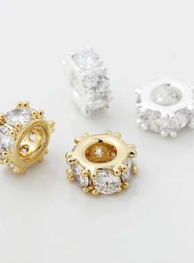 高端保色18K包金铜镀纯银锆石珠子大孔珠隔珠雪花珠子散珠diy配件