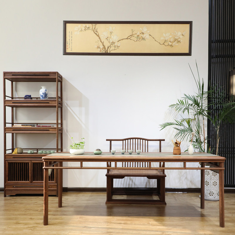 黑胡桃木新中式实木榫卯茶台老榆木茶桌现代简约画案禅意书桌定制
