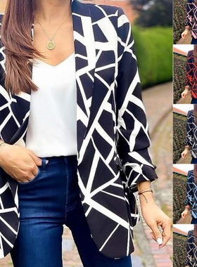 Women's printed buttonless small suit jacket女无扣小西服外套