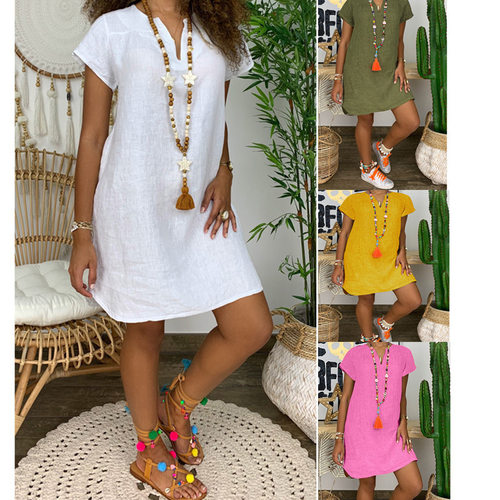 Women short sleeved V-neck cotton and linen dress棉麻连衣裙