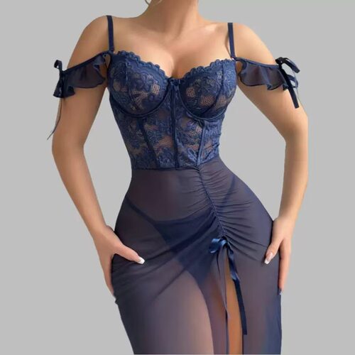 Long and sexy embroidered mesh slit nightgown长网纱开叉睡裙