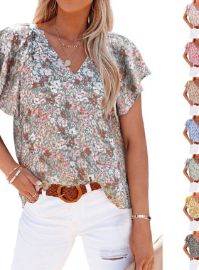 Women's V-neck printed short sleeved shirt女v领印花短袖衬衣