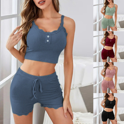 Pit stripe camisole vest+shorts pajama set女吊带短裤睡衣套装