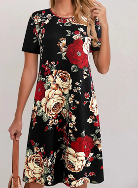 Women's printed round neck short sleeved dress女短袖连衣裙