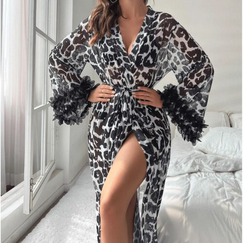 Sexy lingerie leopard print long sleeved bathrobe, nightgown