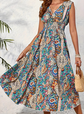 Women's printed V-neck sleeveless dress女装印花v领无袖连衣裙