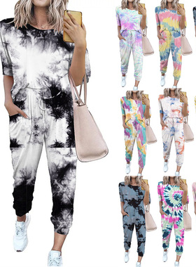 Women loose printed short sleeved+long pants set女短袖+长裤