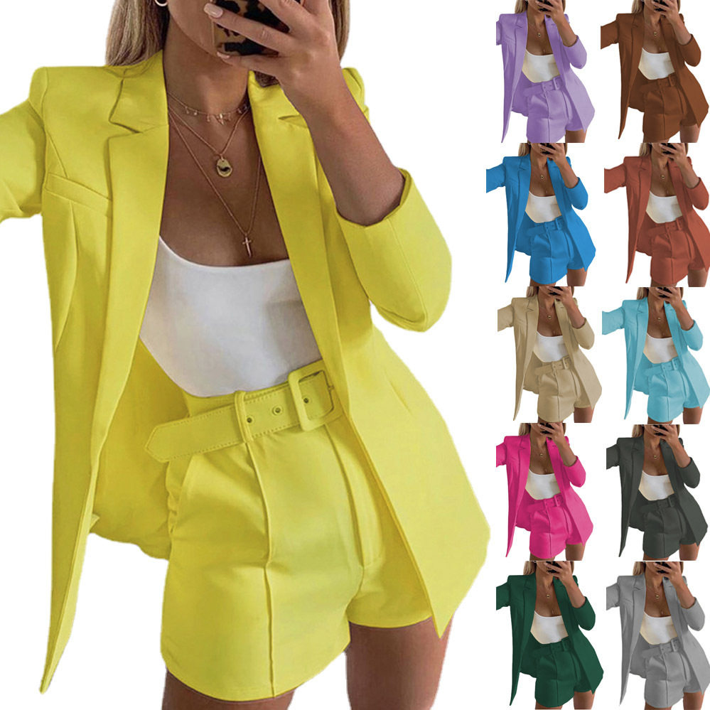 Women solid color suit top and shorts set女西装上衣短裤套装