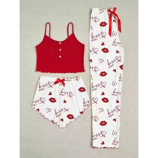 Women's Pit Strip Strap+Shorts+Pants Pajama Set女睡衣三件套