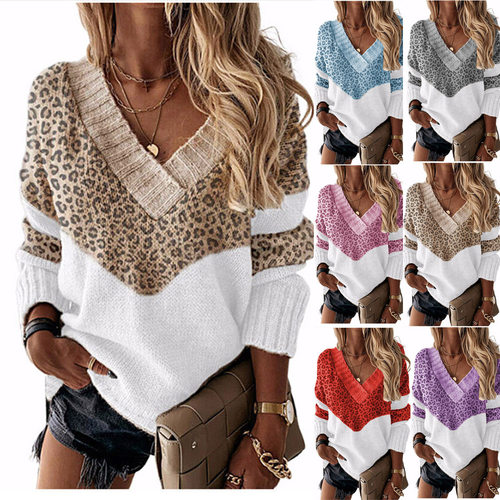 Women's leopard print sweater女条纹针织衫豹纹v领套头毛衣上衣