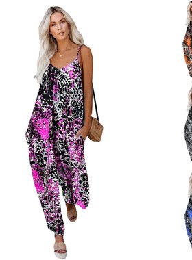 Women printed loose suspender wide leg jumpsuit女阔腿连体裤