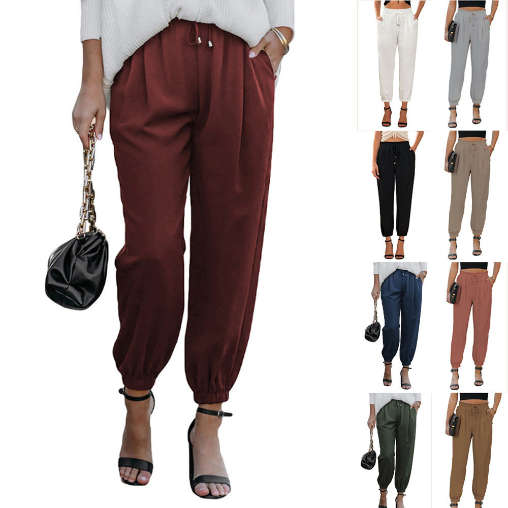 Women high waisted drawstring style pants系带小脚束口裤女