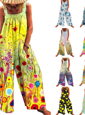 Women oversized printed loose wide leg jumpsuit女宽松连体裤