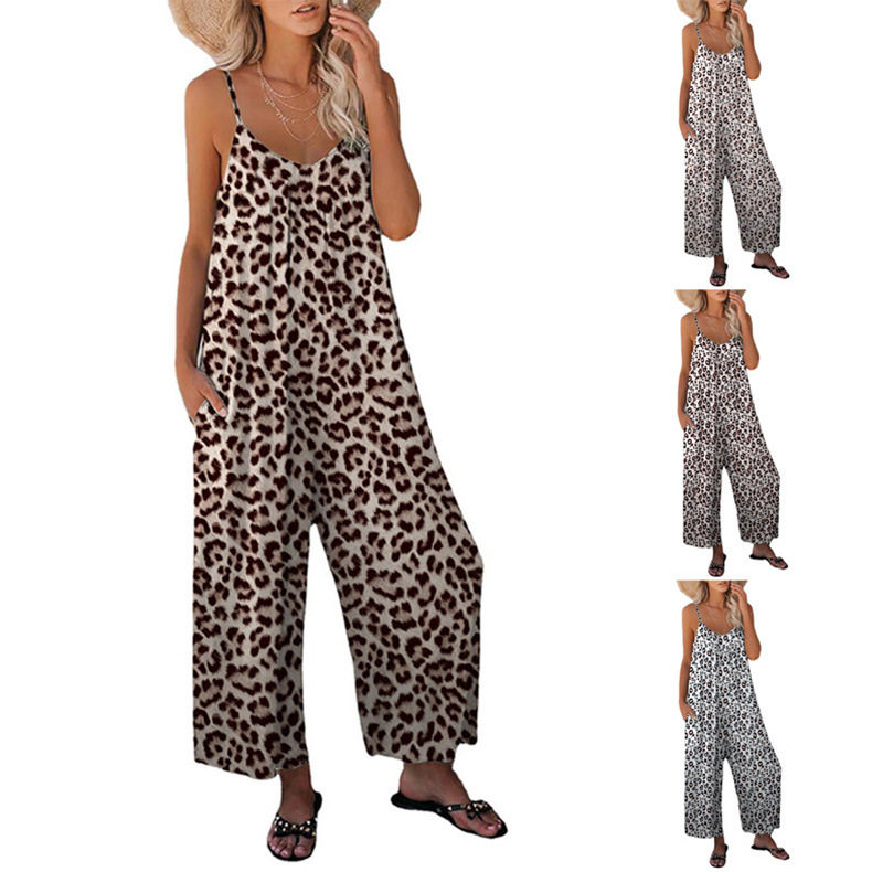 Women's leopard print pocket suspender sleeveless jumpsuit