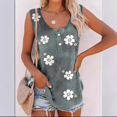 Women floral print vest round neck sleeveless top女无袖背心