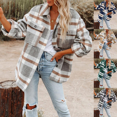 Women's long sleeved loose plaid thick woolen coat女毛呢外套
