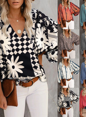 Women V-neck printed lantern sleeve top女衬衫印花灯笼袖上衣