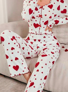 Women's heart-shaped long sleeved+long pants pajama set睡衣