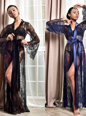 Women's sexy mesh long nightgown set性感女式网纱长款睡袍套装