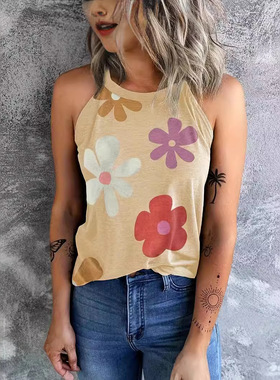Women's floral printed sleeveless vest top女花卉印花无袖上衣