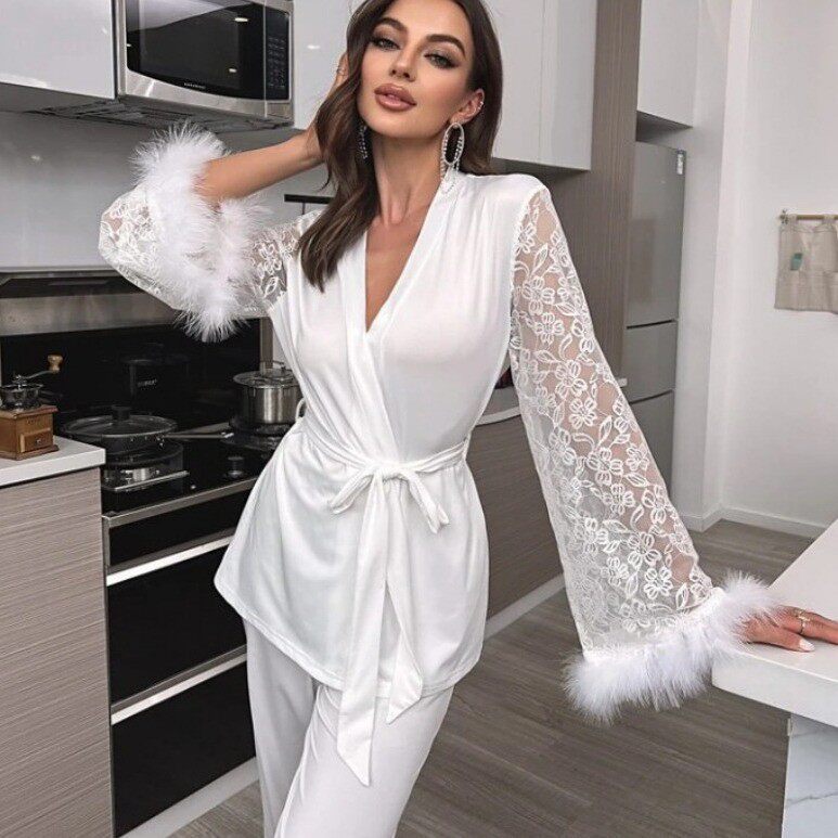 Women sexy lace mesh long sleeved+long pants pajama set睡衣