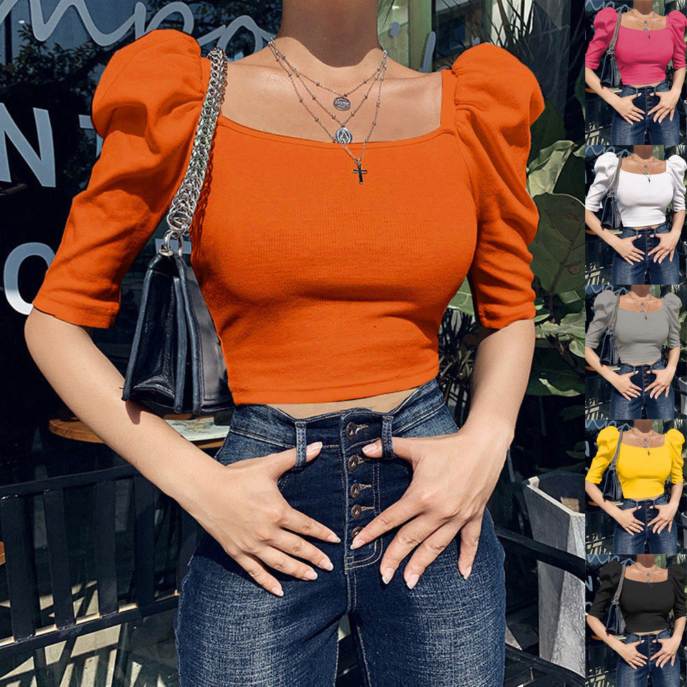 Women square neck bubble sleeve short sleeved top女上衣短袖