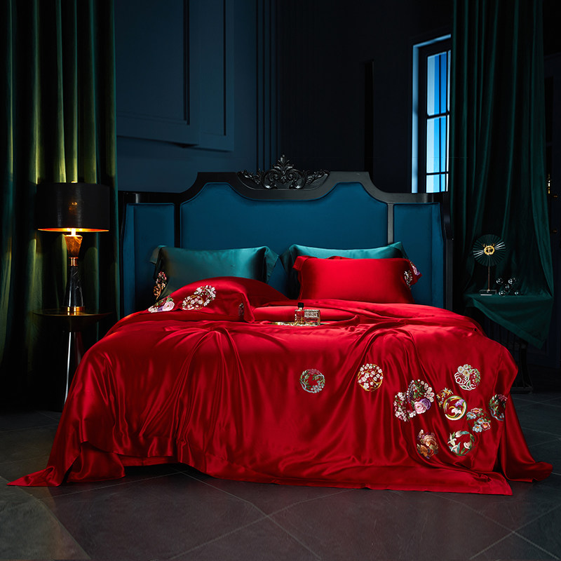 高端奢华红色重磅真丝四件套桑蚕丝丝绸被套套件床上用品花好月圆