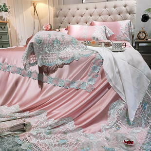 高端蕾丝边粉色结婚桑蚕丝被套公主风真丝床上用品 真丝四件套法式