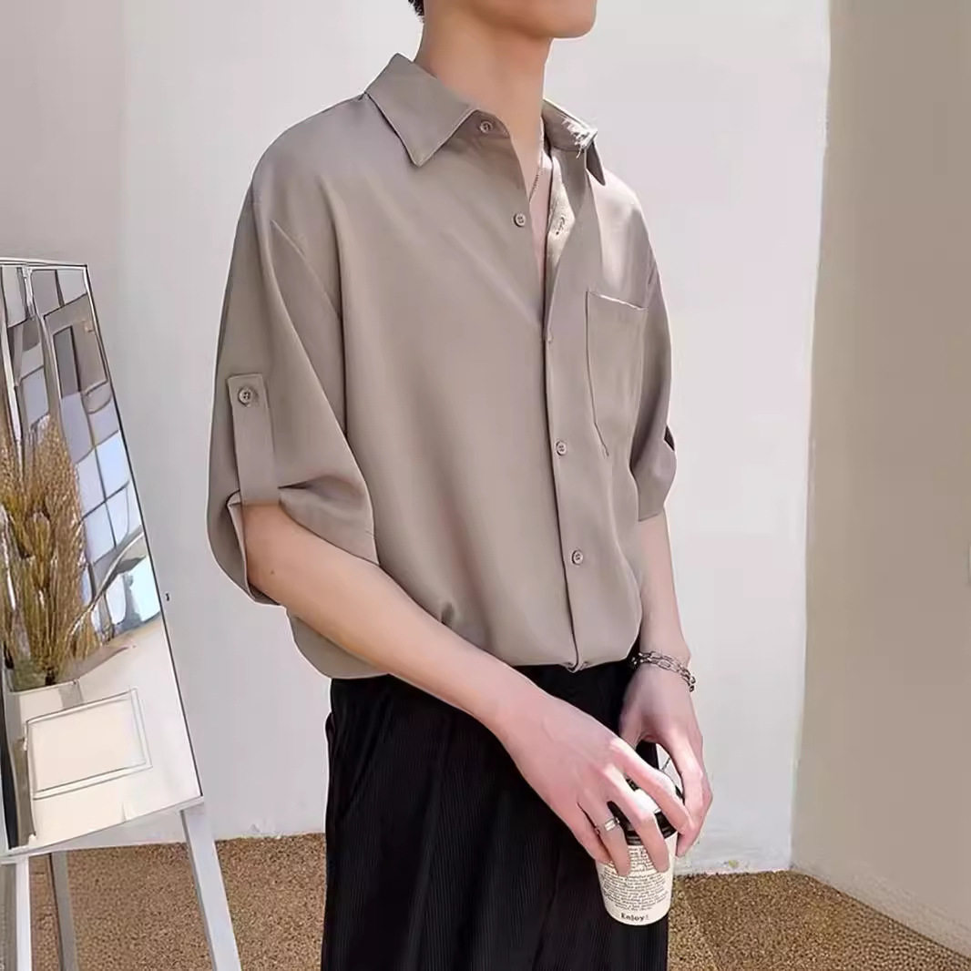 夏季男冰丝衬衫七分袖宽松t恤韩版短袖衬衣时尚高级感轻熟风上衣